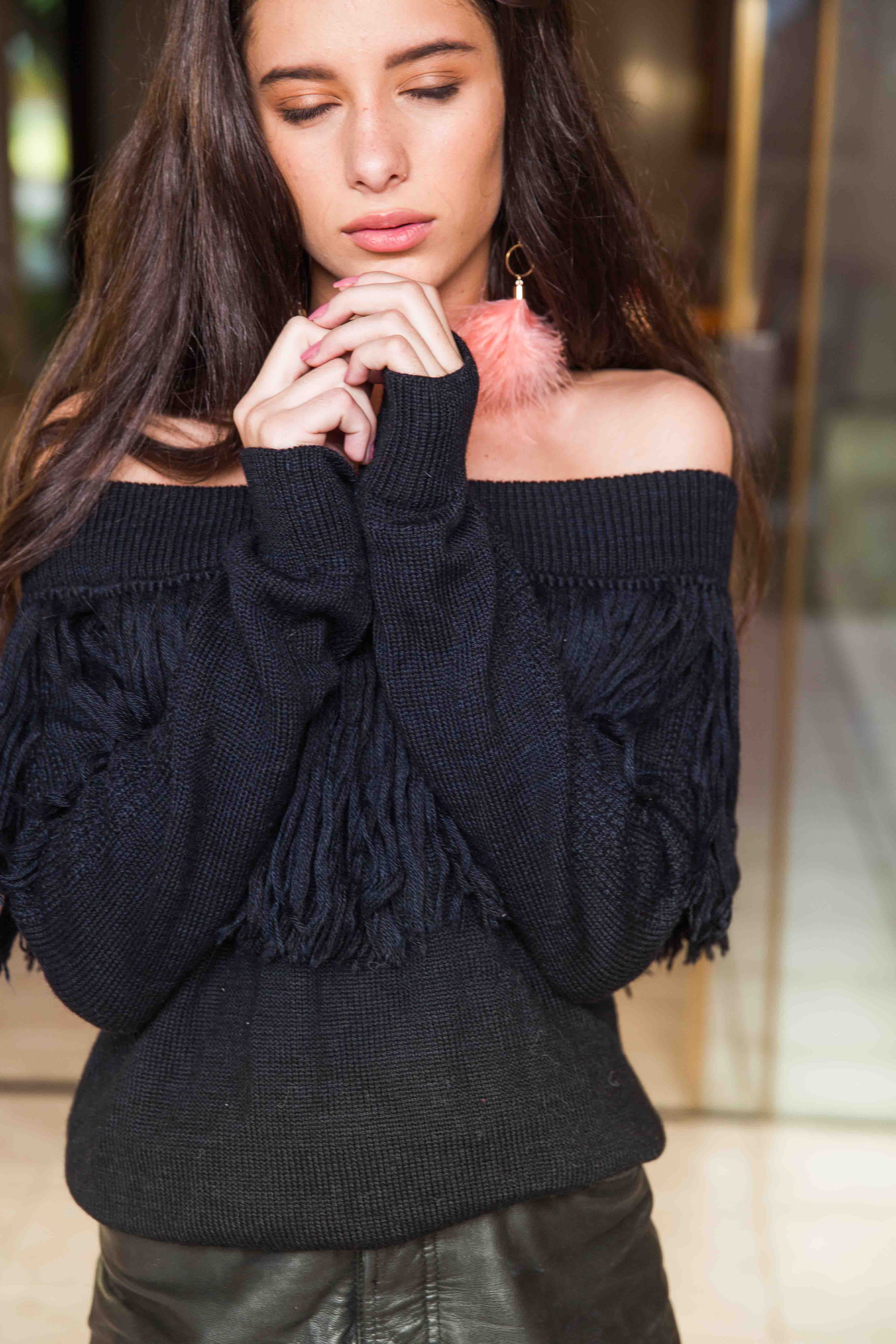 Off the shoulder sweater with clearance fringe